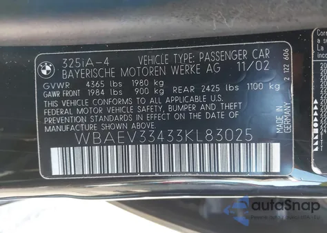 2003 BMW 325I from USA, damaged, VIN WBAEV33433KL83025
